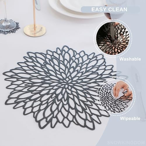 Snowkingdom Pack of 18 Black Placemats Washable Pressed Vinyl Laser Cut Dining Table Mats Round Floral Charger Decoration for Christmas Halloween Thanksgiving Wedding