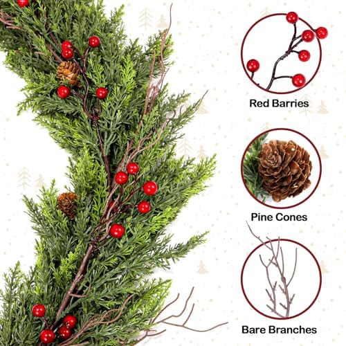 ENVEN Faux Cedar Christmas Garland with Red Berries & Pine Cones – Full Faux Winter Greenery for Holiday Mantel, Staircase, Doorway, Indoor Outdoor Christmas Décor (9FT)