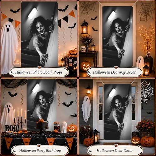 35.4" x 70.8" Halloween Door Cover, Haunted House Front Door Decor