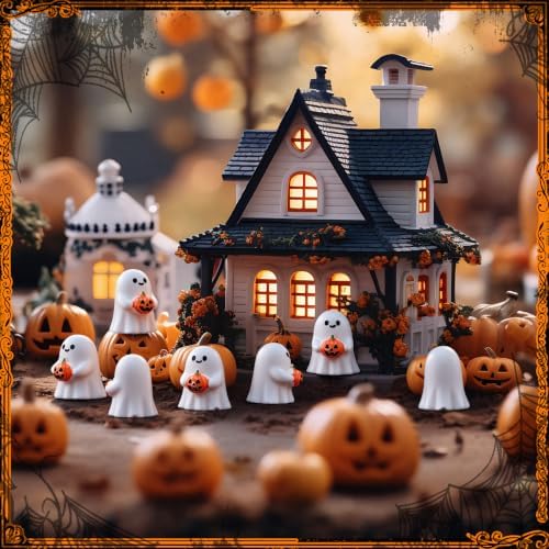 Thyle 50pcs Halloween Decorations Mini Ghost Pumpkin Resin Figurines Cute