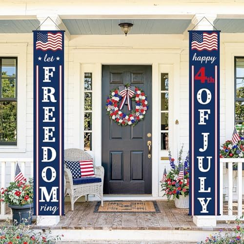 4th of July Decorations Outdoor - USA 250th Anniversary Porch Signs - 71" x 12" Patriotic July 4th Independence Day Door Banners, America 250 Years of Freedom Front Door Decorations (Freedom)