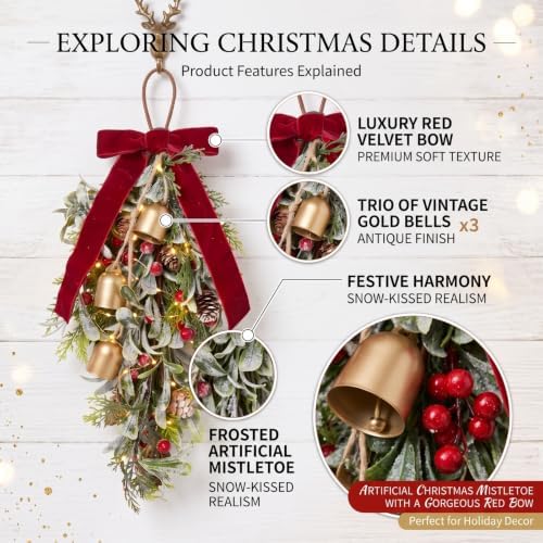 Suncalla 1 Pcs 16'' Christmas Teardrop Mistletoe Hanging Ornements, Bells