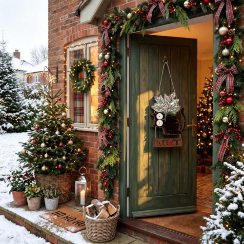Yookeer Christmas Door Decorations Cat Snow Pine Branches Welcome Door Sign Hanger Wreath Wooden Christmas Cat Farmouse Rustic Wreath Hanging Decor for Xmas Home Porch Window Wall
