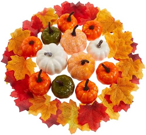 SITUMEIZI Fake Fall Leaves Set Autumn Leaves with Mini Pumpkin for Farmhouse Harvest Thanksgiving Table Decor 52 Pcs