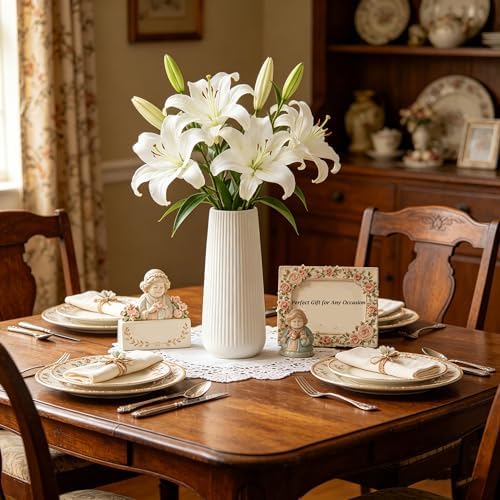 Ceramic Vase for Flower, Pampas Grass Vase, 7.8''H Ribbed Decor Vase, White