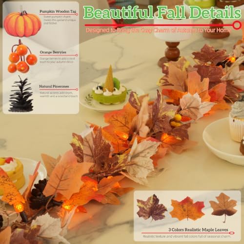 10Ft Lighted Fall Garland with Battery Operated C6 Orange Lights, Extra Long Maple Leaf Garland with Pumpkin Wood Signs, Pinecones & Yellow Berries, Thanksgiving Autumn Decor Indoor Outdoor