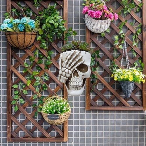 Skull Wall Planter Skull Planter for Halloween Indoor Outdoor Plants, Gothic Spooky Face Head Hanging Flower Pot with Drainage for Fence Decoration (Don't Look White)