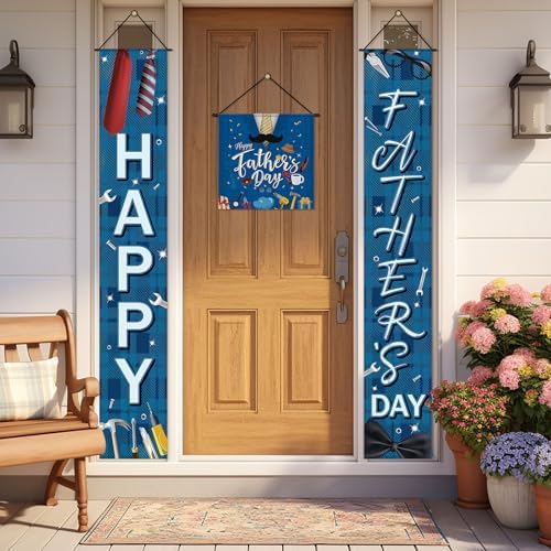 VitalCozy 3pcs Happy Father's Day Banner Blue Welcome Porch Signs Father's Day Hanging Door Banner for Indoor Outdoor Fathers Party Decoration Supplies