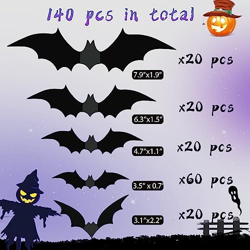 140Pcs 3D Bats Halloween Decorations Realistic PVC Wall Decor