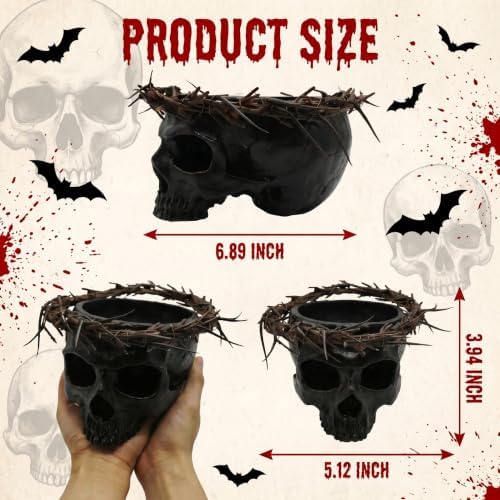 Halloween Thorn Crown Skull Candy Bowl Detachable Gothic Planter Candy Dish Black