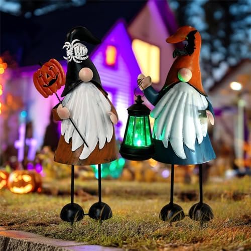 HONGLAND Halloween Decorations Outdoor Solar Gnomes with LED Lantern, Gnomes Metal Yard Art Halloween Outdoor Decor Patio Holiday Gardening Gifts for Mom Women