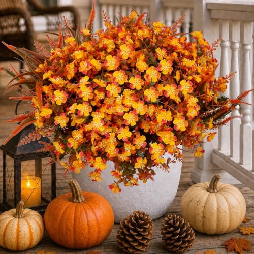 AXYLEX Artificial Fall Flowers Outdoor Fake Mums (OrangeGreen, 16 Pk)