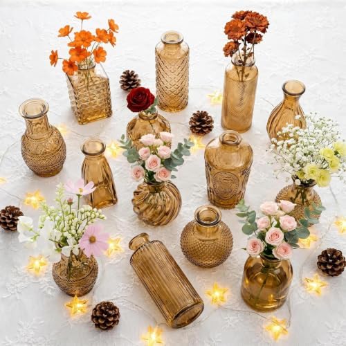 Mini Bud Vases As Wedding Centerpieces for Tables,Clear Bud Vases for Flowers,Small Flower Vases Suitable for Birthday Party,Anniversary,Wedding Reception,Baby Shower (Amber, 24PCS)