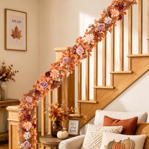 Waipfaru 2Pcs Fall Garland, 11Ft Eucalyptus Garland with Flowers