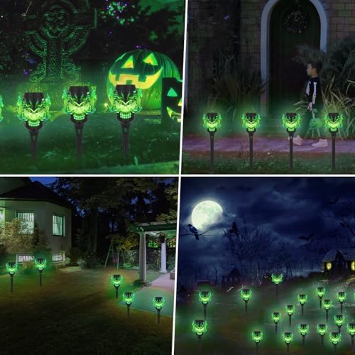 8 Pack Solar Halloween Lights Outdoor, Green Skull Torch Lights