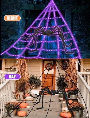 Halloween Decorations Outdoor Spider Web Lights - 16.4Ft Light Up Spider Web with 550 LEDs, Waterproof, 8 Modes Memory Function for Outdoor Yard Halloween Decorations (with Spider)