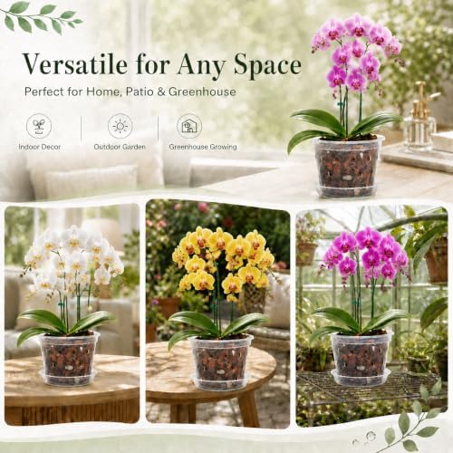 Orchid Pots, 5 Pack 5 Inch Clear Orchid Pot with Hole, Saucer and Stake