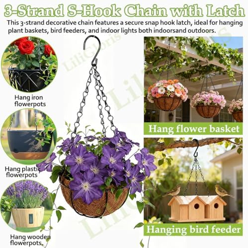 3 Pack 24 Inch Adjustable Hanging Plant Chains with Clips Hooks Black Metal Replacement Chains for Flower Pots Bird Feeders Baskets Lanterns Wind Chimes Indoor Outdoor Use（Locking Hook）