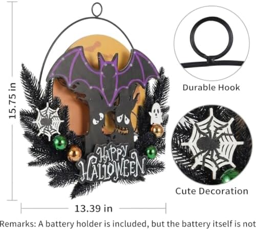 Pre-Lit Halloween Wreath for Front Door, Lighted Witch with 6H On/18H Off