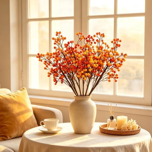 Fangoo 6 Pcs 20.7 Inch Fall Berry Stems Faux Orange Berry Stems for Vase