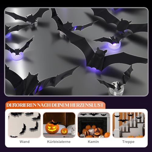 Spooky Glow 3D LED Bat Wall Decor, Halloween Lighted Flashing Bats (24Pcs)