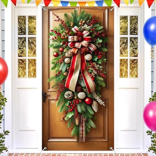 BlissYard Christmas Door Cover Garland 35x71 Inch Polyester