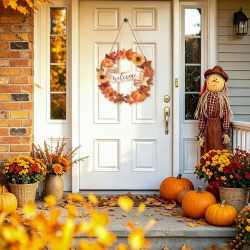 Fall Welcome Wreath Sign Wooden Maple leaves Pumpkins for Front Door