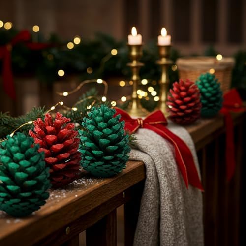 Janinka 24 Pcs 4 Inch Green Red Christmas Glitter Pine Cones Ornaments