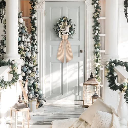 2 Pack Wreath Sash for Front Door Boxwood Wreath Sash Garland Front Door Porch Decor(White and Beige Plaid)