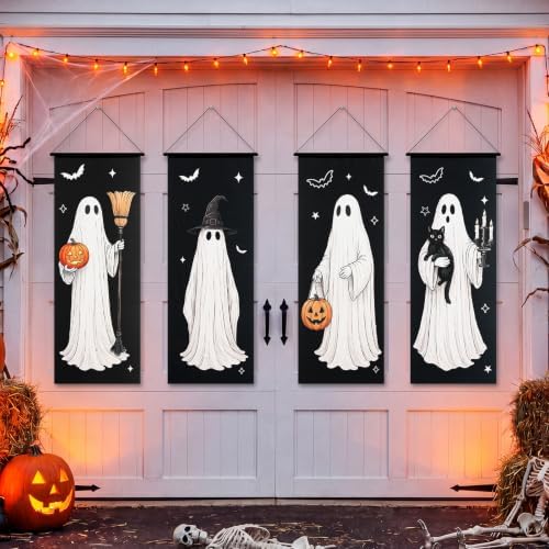 Mixweer 4 Pcs Halloween Ghost Banner Porch Garage Door Hanging Decorations