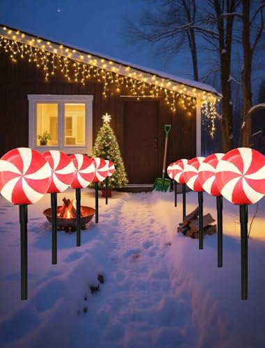 Set of 5 Large Christmas Candy Cane Yard Stakes, Professional-Grade Outdoor Peppermint Decorations with C7 LED Lights, Heavy-Duty Holiday Light Stakes for Walkway, Lawn & Driveway