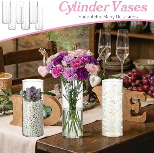 6 Pcs 12 Inch Plastic Cylinder Vase Set - Crystal Clear Acrylic Flower Vase for Wedding Centerpieces, Home Decor, Party Table Arrangements with Shatter-Resistant Design