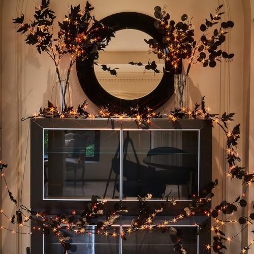 Hairui Lighted Black Eucalyptus Branches with Timer 80 LED Orange and Warm White Fairy Lights, Halloween Tree Branches with Lights 32 in with 10 Functions for Home Fall Halloween Decoration
