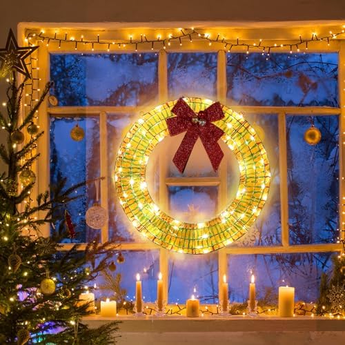 Karl home 24 in Pre-Lit Outdoor Christmas Wreath, 84 LED Lights, White/Red
