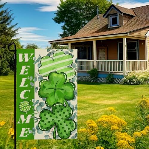 St Patricks Day Garden Flag 12x18 Inch Green Shamrock Garden Flags for Outside Welcome St.Patrick's Day Yard Flags Outdoor Holiday Decor for Graden Lawn Double Sided