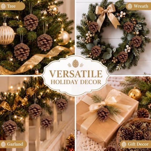 24 Pcs Gold Glitter Pine Cones Ornament for Christmas Tree Hanging Decor