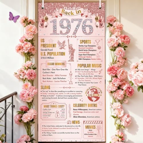 50th Birthday Decorations for Women, Rose Gold Back in 1976 Door Cover Decor, Fifty 50 Years Old Bday Large Front Door Cover Sign Backdrop Banner Supplies Decor, 3x6 Ft