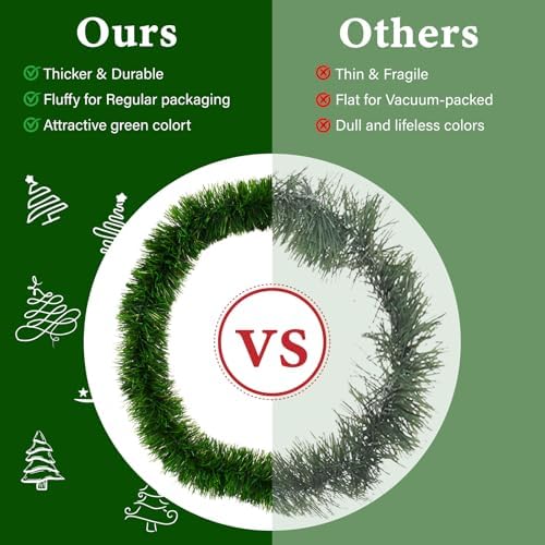 2Pcs 50FT Green Christmas Garland Decorations, Christmas Artificial Pine Greenery Garland Outdoor Indoor Decor, Straight Faux PVC Soft Garland for Stairs Railing Fireplace Window Christmas Decor