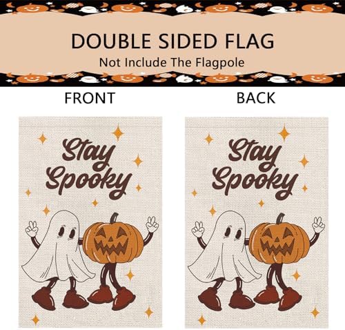 Halloween Garden Flag Funny Ghost Pumpkin Star Burlap Double Sided Flag Stay Spooky Farmhouse Holiday Yard Outdoor Decoration 12.5x18 Inch