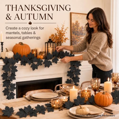 RAINFLOW Halloween Black Leaf Garland, 2 Pack 6.6FT Fall Maple Leaves Vines