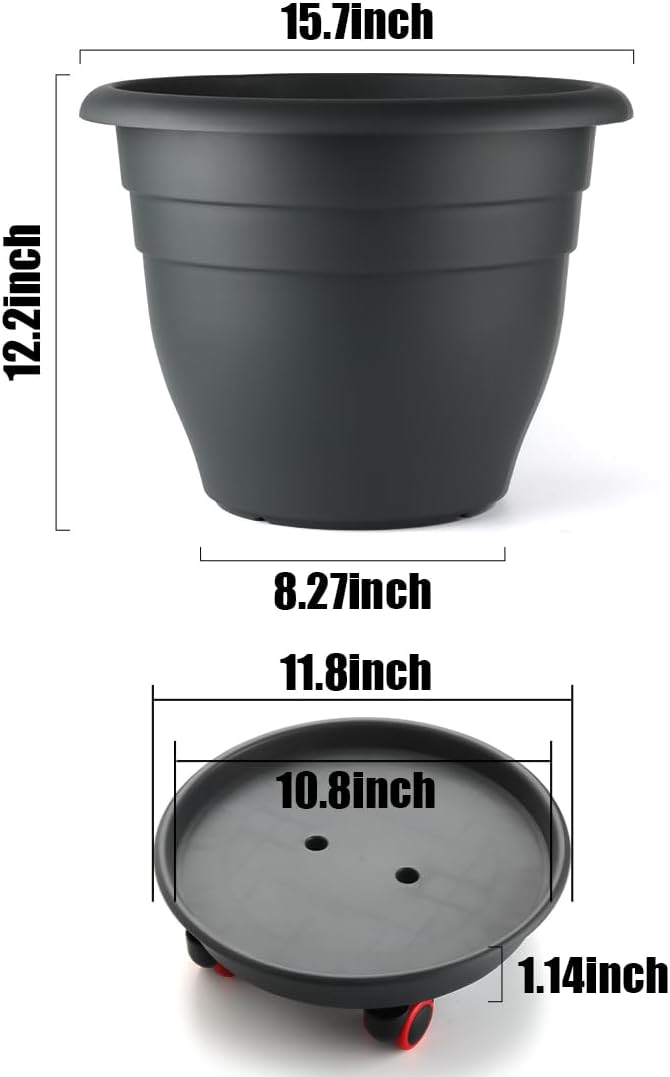 RooTrimmer 3 Pack 16 Inch Rolling Large Plant Pots | Heavy duty plastic planters with wheeled saucers and drainage