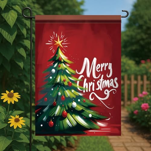 12 x 18 Inch Christmas Garden Flag Christmas Tree Yard Banner with Star and Ornaments Double Sided Outdoor Holiday Decoration Winter Seasonal Welcome Sign for Patio Lawn Home Party Decor