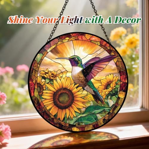 Stained Glass Hummingbird Suncatcher Window Hanging Flowers Gifts for Mom