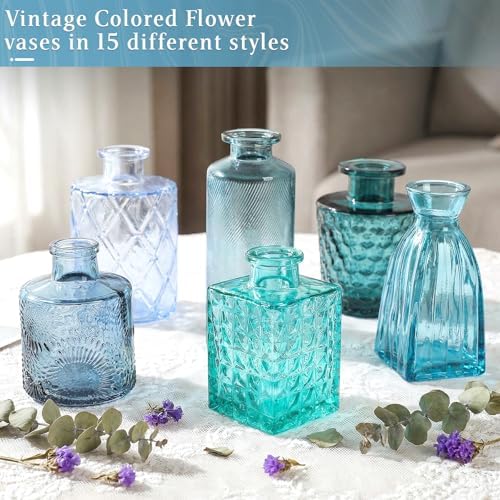 Set of 15 Blue Glass Bud Vases Small Textured Flower Vases