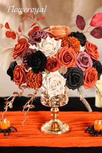 Floweroyal Halloween Artificial Flowers Black Flowers Mix Silk Flowers Fake Roses with Stems for DIY Wedding Bridal Bouquets, Baby Shower, Floral Arrangement, Table Centerpieces, Home Decorations