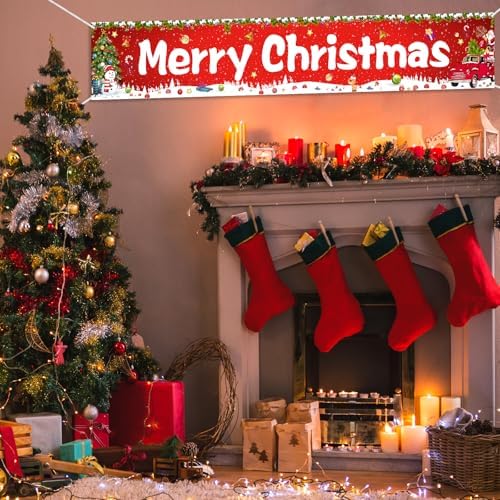 2Pcs Thanksgiving Yard Banner 118" x 19.7" Large Merry Christmas Decor Happy Christmas Thanksgiving Banner Outdoor Thanksgiving Fall Party Banners Decor Christmas Tree Elk Snowflake Hanging Banner