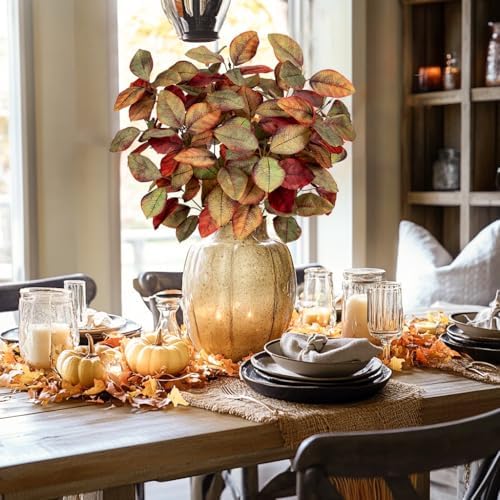 Briful 5 PCS Fall Leaves Artificial Magnolia Leaf Branches, 26" Autumn Fake Plant Stems for Vase Floral Arrangement Kitchen Table Home Fall Decoration