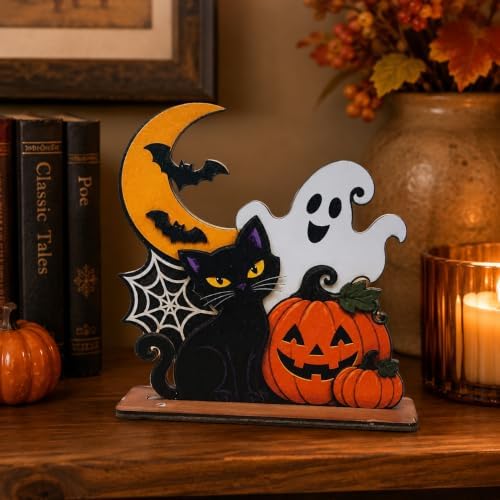 Halloween Wooden Tabletop Decoration, Cute Ghost Pumpkin Black Cat Decor, Spooky Fall Shelf Sign for Home Mantel Desk Office and Halloween Party