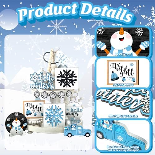 FairySandy 15 Pcs Winter Tiered Tray Decor Snowman Snowflakes Wooden Signs