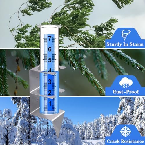 Rain Gauge Outdoor, 7" Capacity Large Rain Gauge Outdoors (Silver)